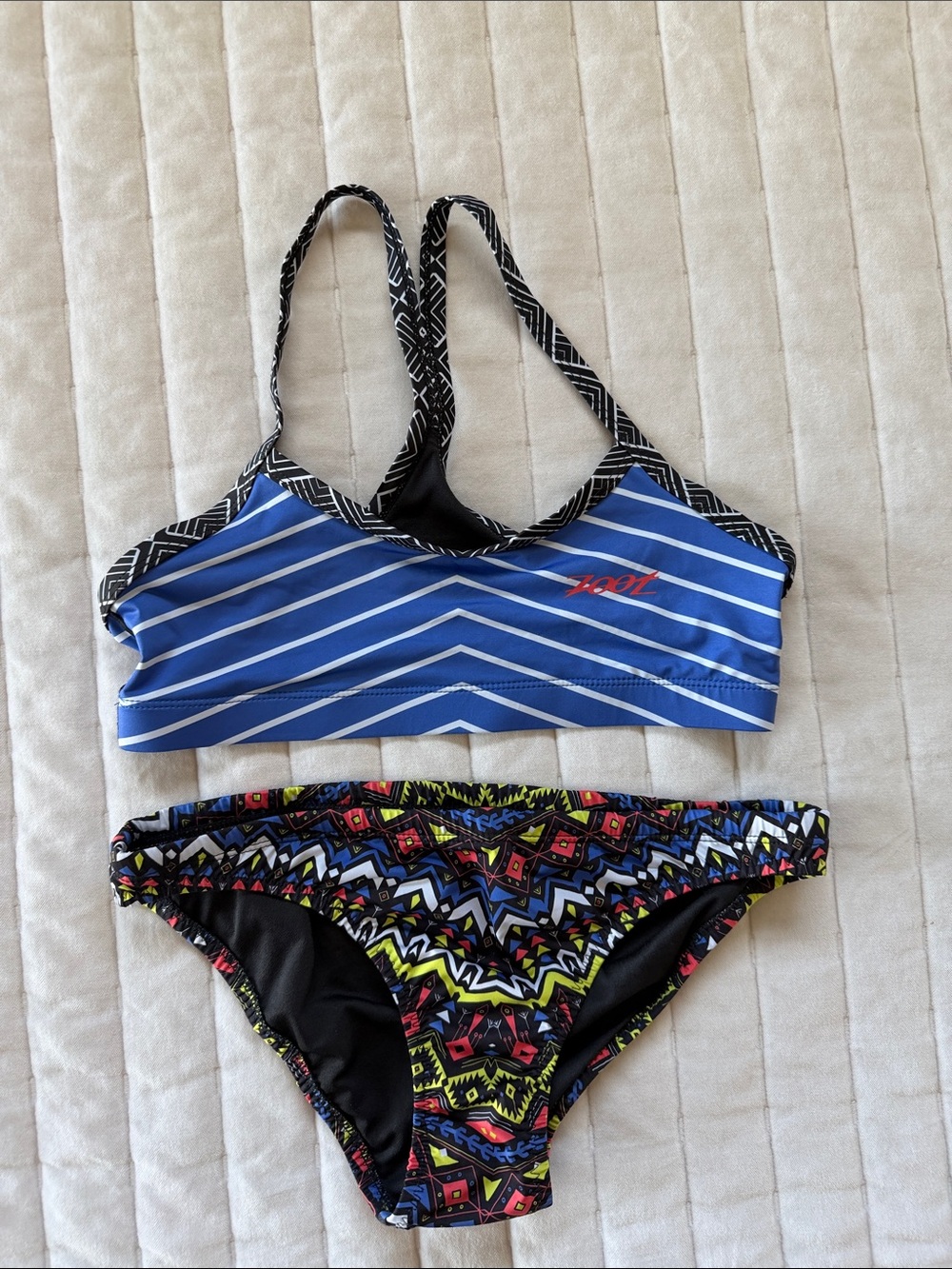 Zoot Blue Striped Bikini Set with Multicolor Geometric Bottoms